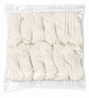 Handmade white cotton jyot wicks, coiled threads in a clear plastic bag
