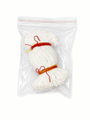 White cotton wick bundle with red ties, in clear plastic pouch