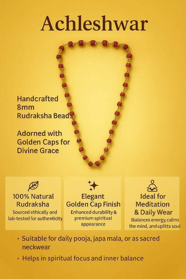 Rudraksha mala necklace with small dark beads and golden caps, shown in a heart shape