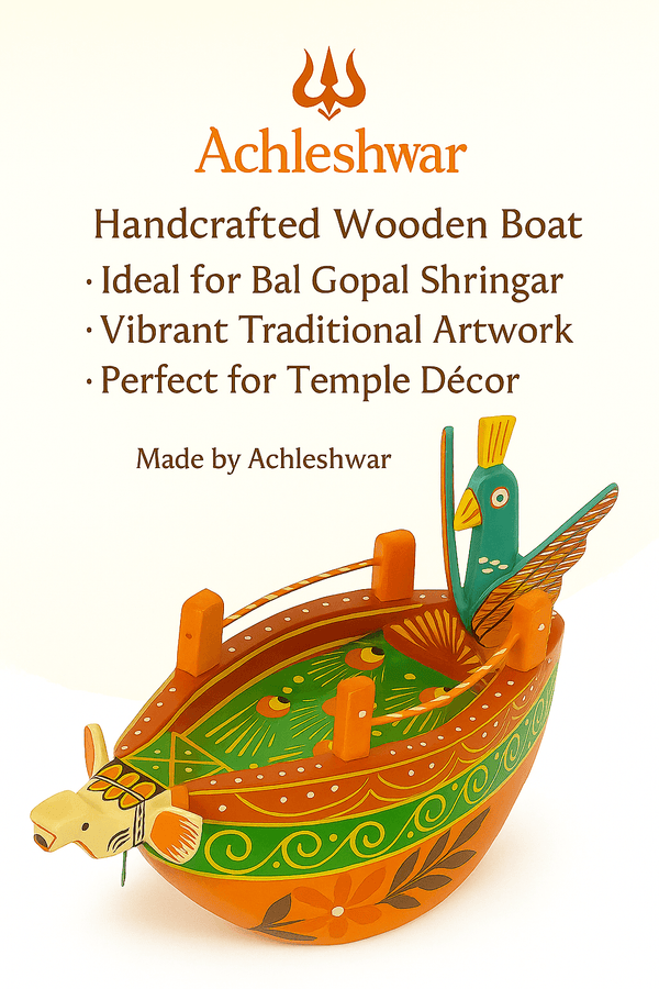 Colorful handcrafted wooden boat with blue bird and horse, orange hull with green and red stripes