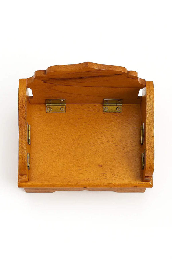 Wooden Bal Gopal singhasan rear/top view with raised platform and two side handles