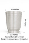 Silver engraved glass cup with floral pattern, 4.0 inches tall and 2.2 inches wide