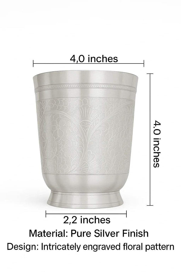 Silver engraved glass cup with floral pattern, 4.0 inches tall and 2.2 inches wide