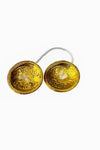 Engraved manjira pair: two gold round cymbals with bird designs and white string loops