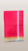 Red cotton dhoti fabric with vertical silver stripe and woven multicolor border