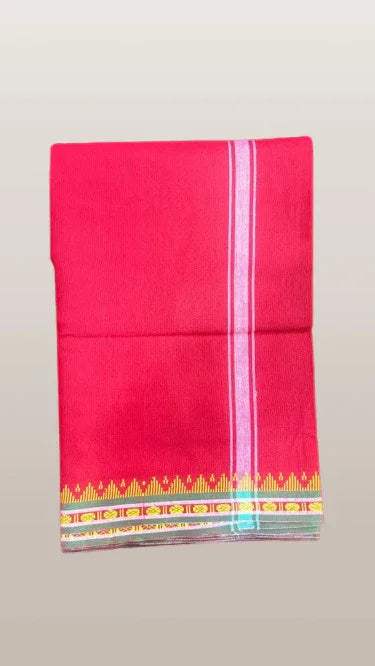 Red cotton dhoti fabric with vertical silver stripe and woven multicolor border