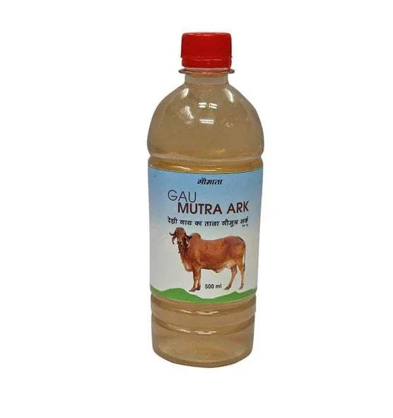 Amber plastic gomutra bottle with red cap and front label, 500 ml