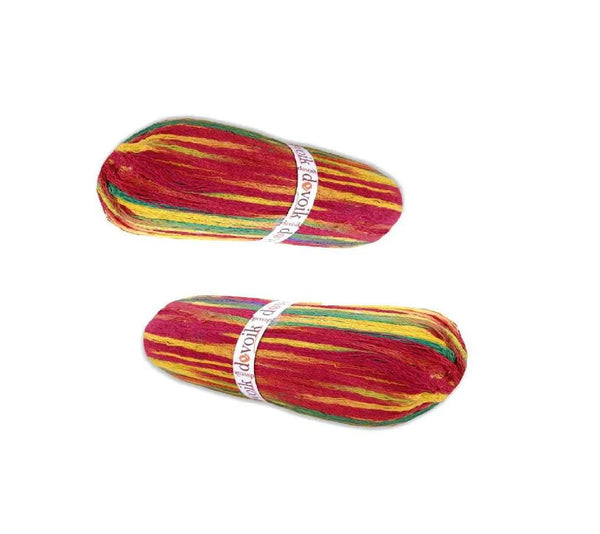 Set of two multicolor striped moli yarn bundles, horizontal, with white wrap labels