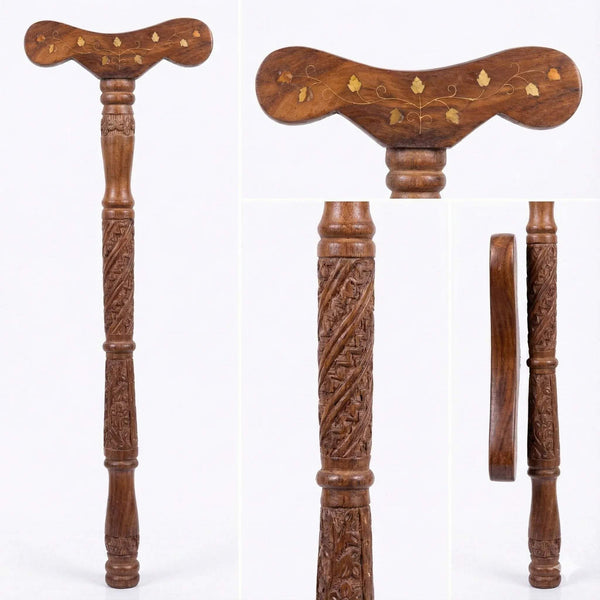 Carved brown wooden handstand stick with T-shaped top and spindle base