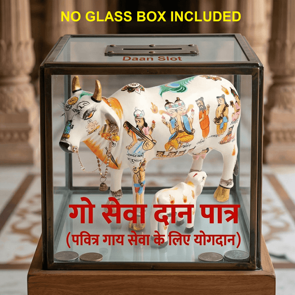 Handcrafted cow idol with calf, white with colorful painted figures, bell detail behind clear case