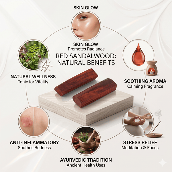 Natural red sandalwood sticks on a light wooden block, shown for product use