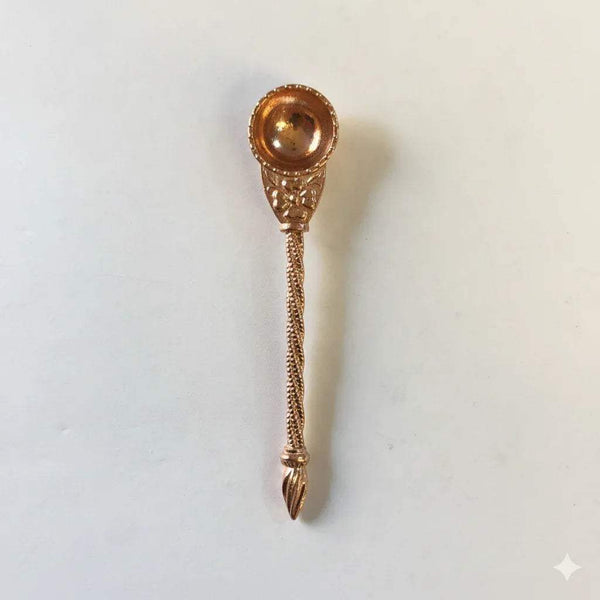 Pure copper abhishek ritual spoon with wide bowl opening and textured handle.