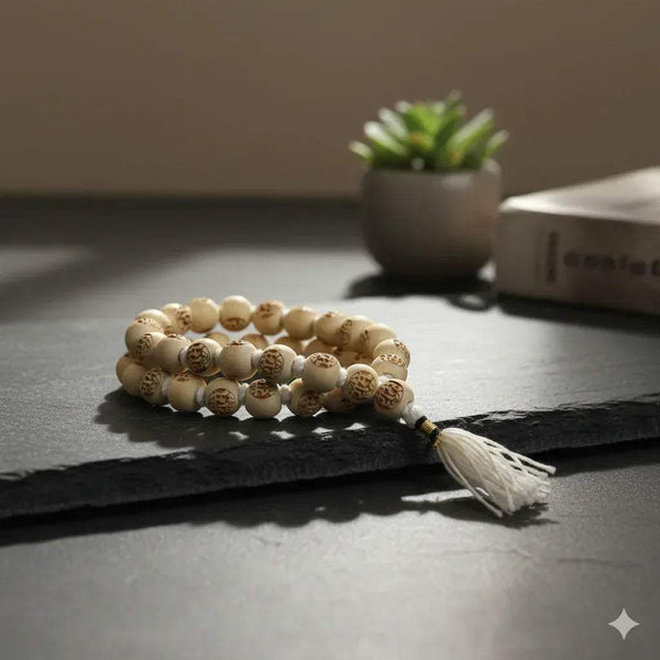 Tulsi mala bracelet with cream beads, gold motifs, and white tassel
