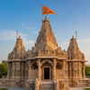 Small orange triangular Ram Ji flag with printed deity on temple spire