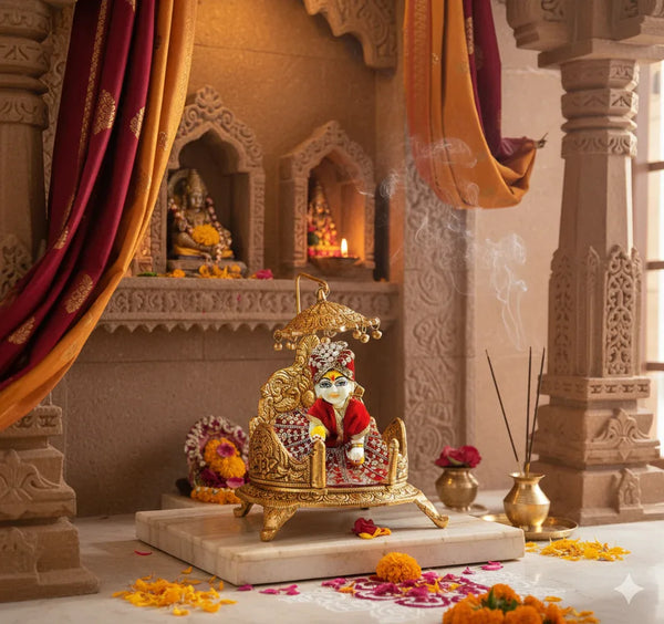 Laddu Gopal Handcrafted Singhasan in Antique Gold Finish - Achleshwar