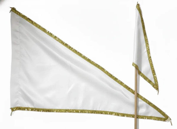 White religious flag with gold trim on a wooden pole