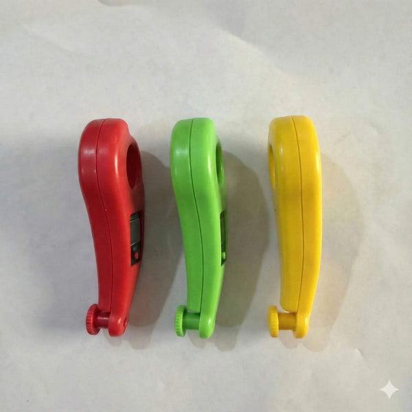 Digital bead counting machine bodies in red, green, and yellow with reset buttons