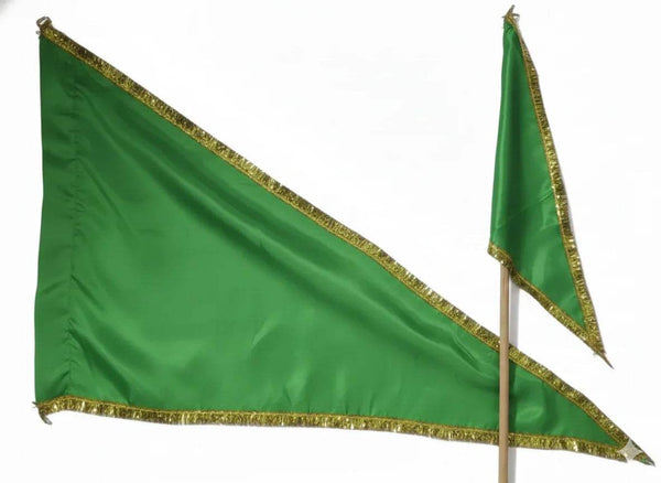 Green religious flags on poles, triangular with gold border