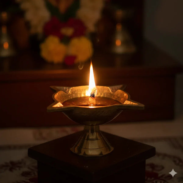 Golden Char Mukhi Brass Diya For Pooja - Achleshwar
