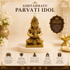 Golden Parvati meditating idol on a round pedestal, ornate crown and seated pose