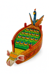 Decorative wooden Krishna boat with seated blue figure and peacock wings, green and orange