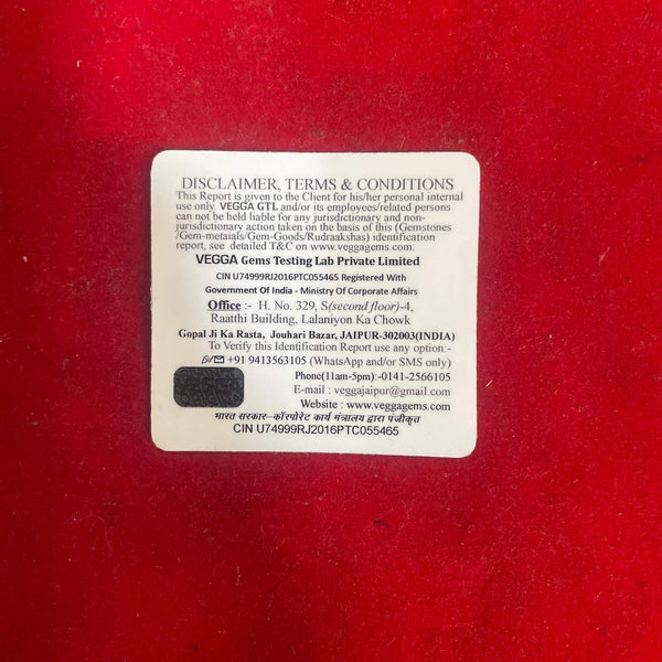 Rudraksha verification card with disclaimer text and company details