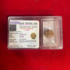 Five-faced rudraksha bead in clear testing pouch, brownish-golden