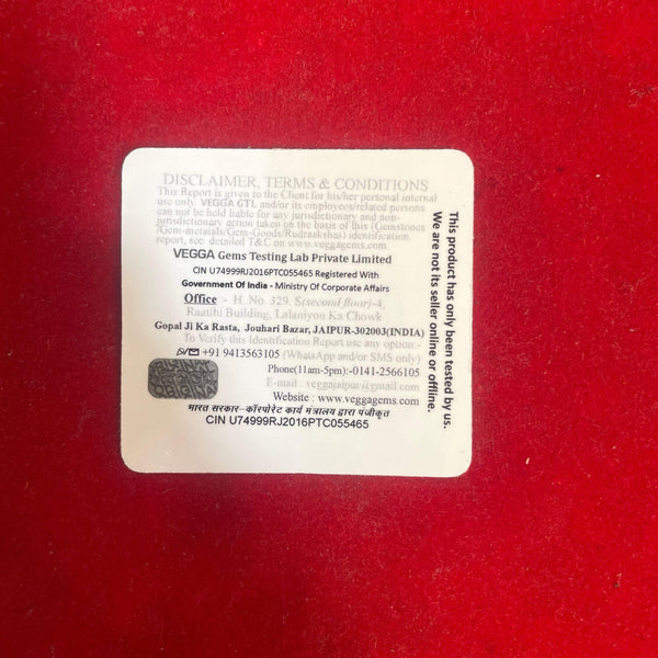 Rudraksha certification packet back with printed details on white label