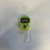 Green digital tally counter on clear wrist strap, with LCD display and count/reset buttons.