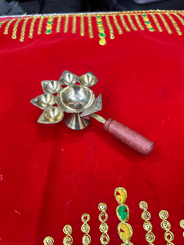 Achleshwar Wooden Handle Brass Panch Aarti Diya/Designer Five Face