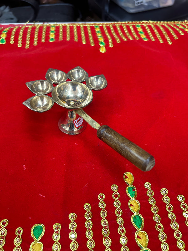 Achleshwar Wooden Handle Brass Panch Aarti Diya/Designer Five Face