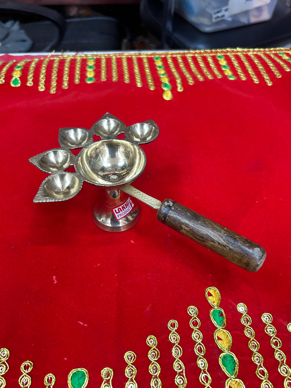 Achleshwar Wooden Handle Brass Panch Aarti Diya/Designer Five Face