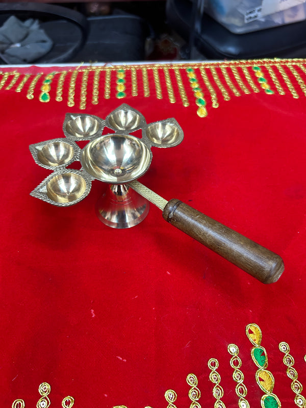 Achleshwar Wooden Handle Brass Panch Aarti Diya/Designer Five Face