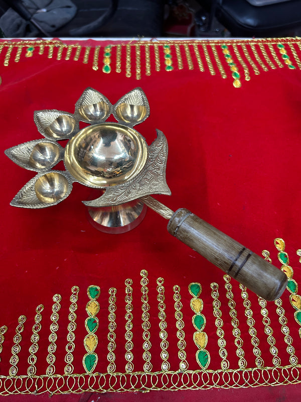 Achleshwar Wooden Handle Brass Panch Aarti Diya/Designer Five Face