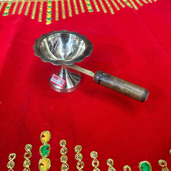 Polished brass dhoop stand with scalloped cup and long wooden handle