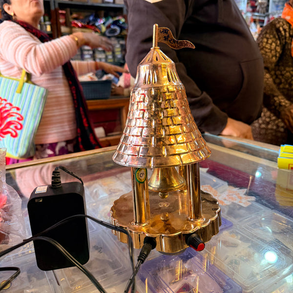 Achleshwar Brass Automatic Electric Pooja Bell – 6 x 9 Inch, Rose Gold Temple Design