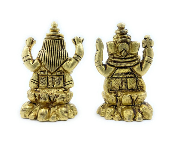 Seated Laxmi Ganesh ashtadhatu figurines, gold-tone, back view, raised hands (pair)