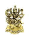 Durga Mata statue, seated on lion with multiple raised hands, brass-gold finish