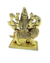 Durga Mata statue, seated on lion, back view with many raised arms, gold-toned metal