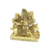 Gold-tone seated deity idol with multiple heads and arms, standing on a base