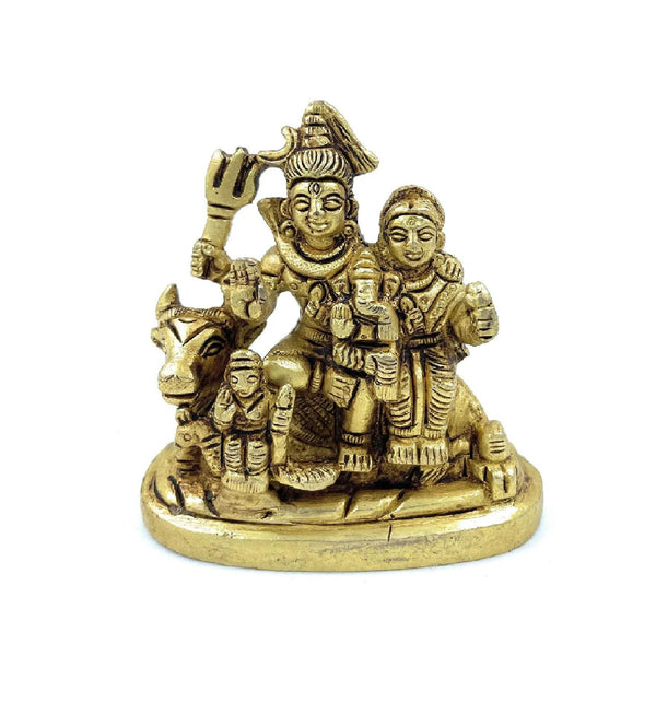Gold-toned seated Shiva with family on Nandi, multi-figure figurine on round base