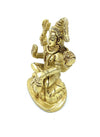 Gold-tone seated Hindu deity idol with four raised arms on pedestal base