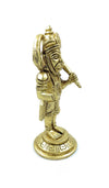 Gold-tone Hanuman figurine standing with hands raised, side profile, round base