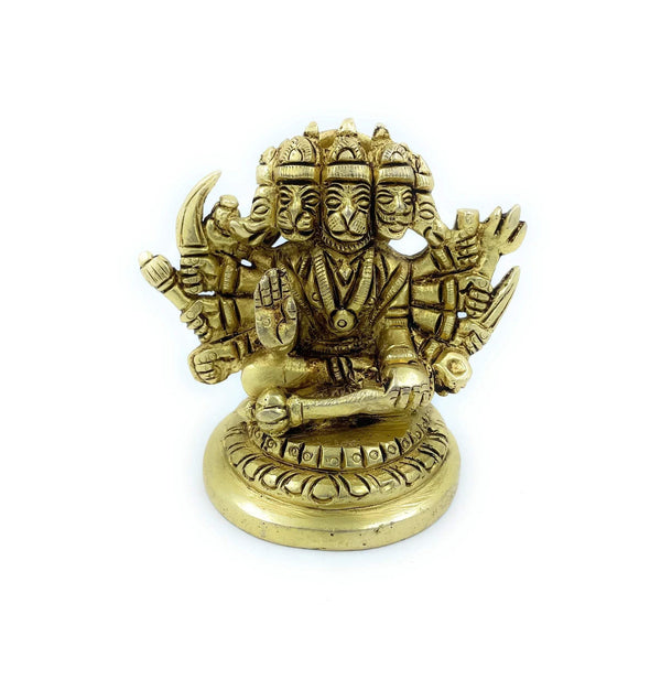 Golden Panchmukhi Hanuman idol with five faces, seated with arms raised on round base