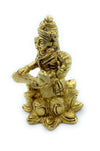 Golden Saraswati figurine side view, arms raised and veena details on seated base
