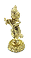 Gold-toned Krishna idol holding a flute, side view with textured crown and robes