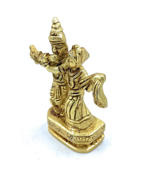 Gold-tone Radha Krishna small idol front 3/4 view with flowing garments and pedestal base