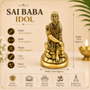 Golden Sai Baba idol with size chart card showing height, width, weight, and gold finish