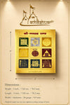 3 in gold-plated yantra plaque with nine colored symbols, shown with size diagram