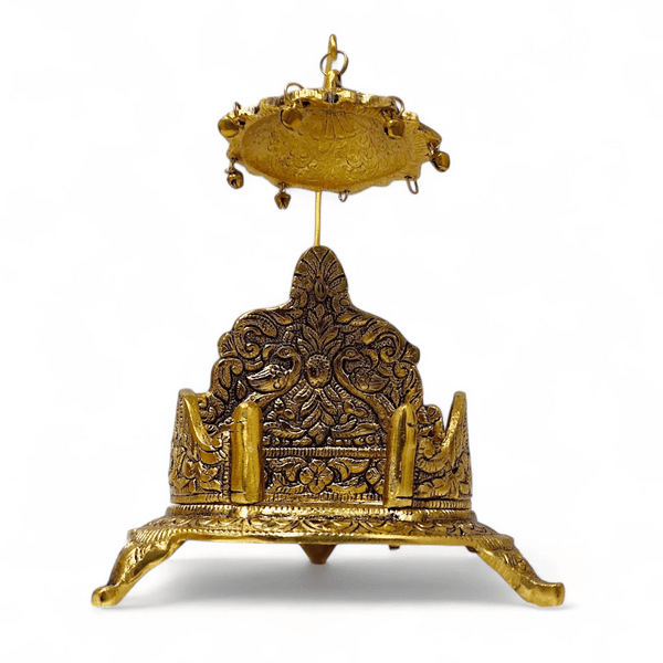 Antique gold singhasan back view with hanging disk canopy and ornate crown